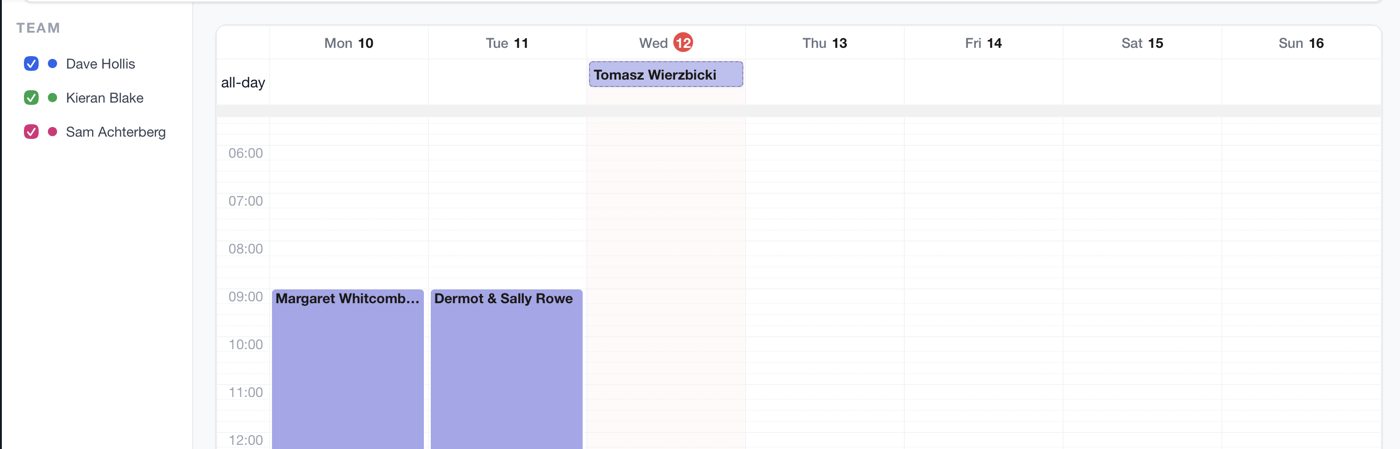Weekly diary showing booked jobs assigned to team members