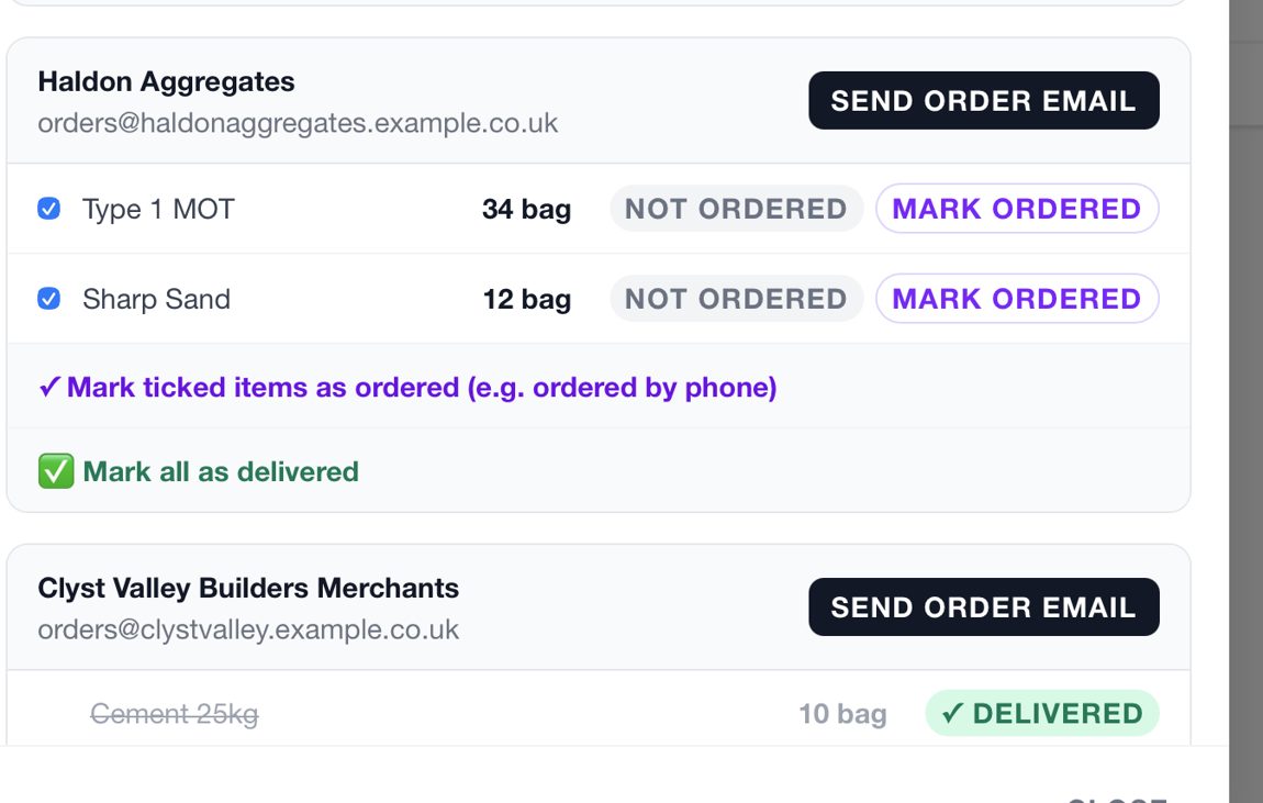 Material order screen grouped by supplier with per-item order status