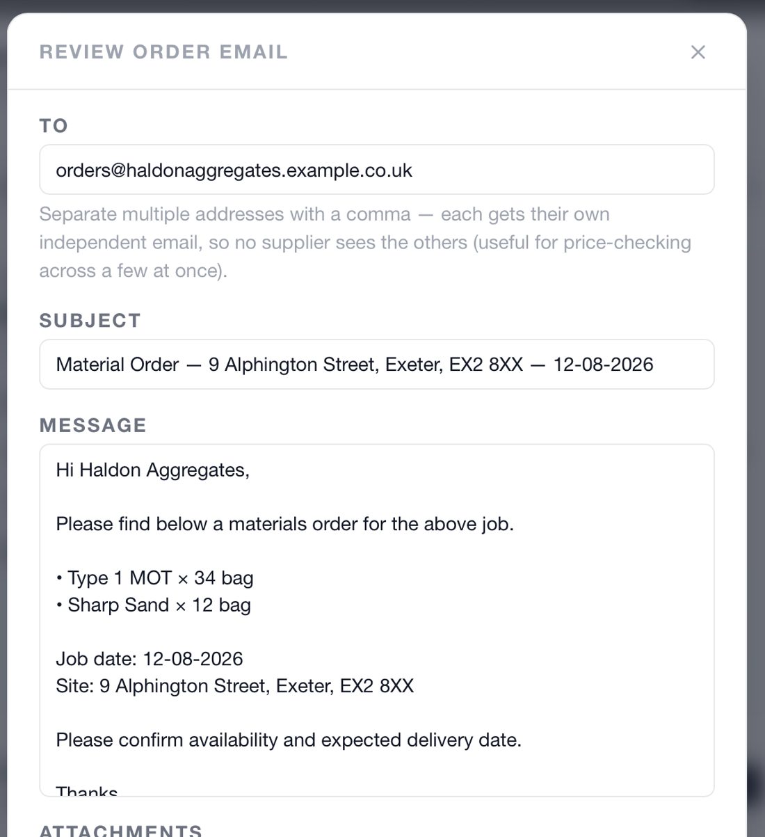Pre-filled supplier order email with items, quantities, job date and site