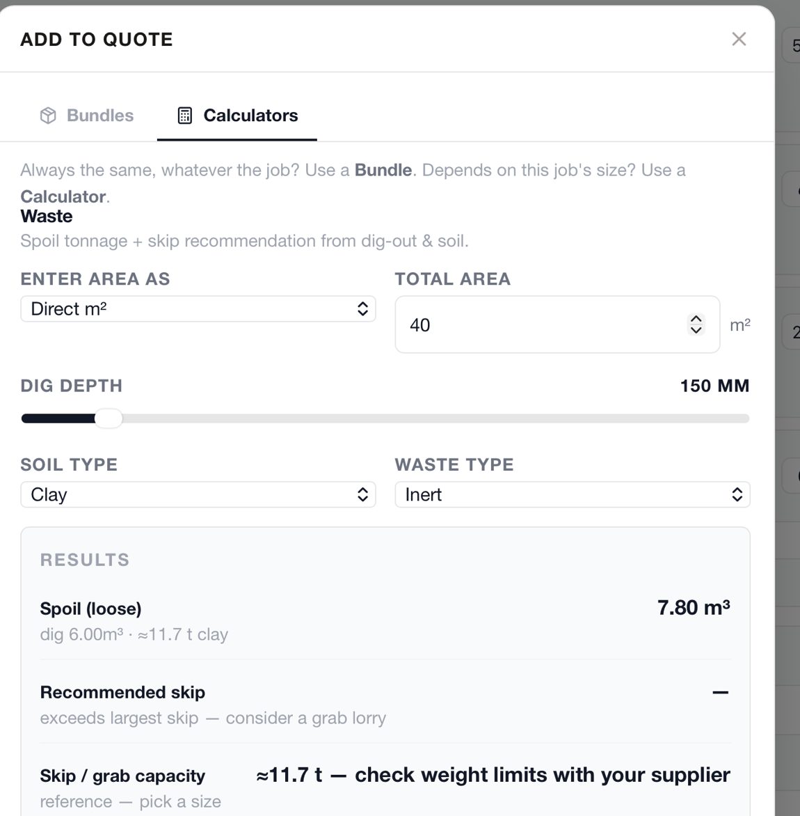 Waste calculator inside a quote, showing spoil volume and skip recommendation